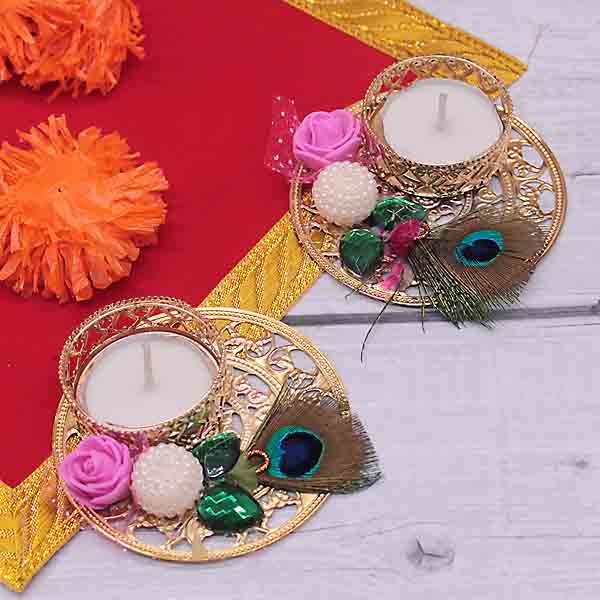 Handmade  Mor Pankh Decorated T-Light Candle Holder 